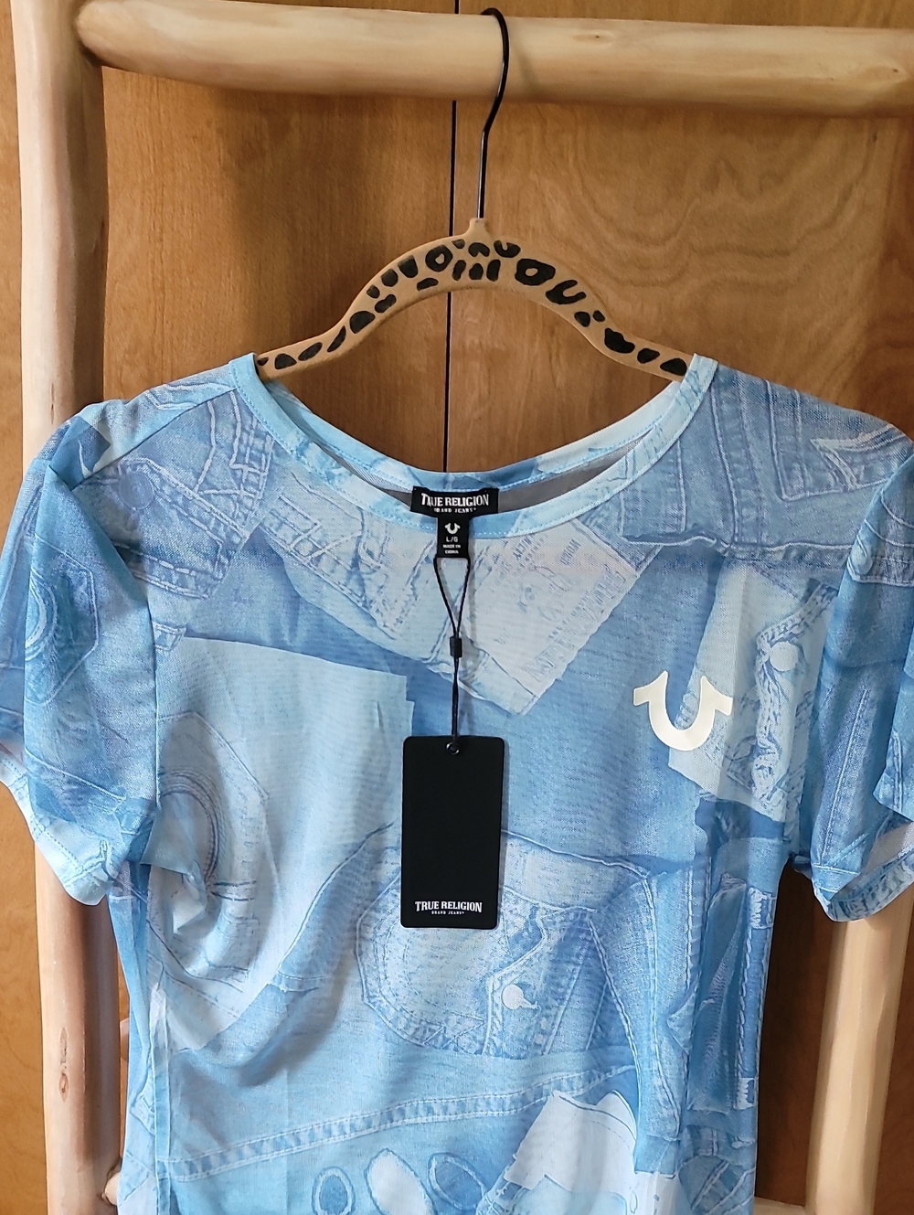 True Religion Mesh Sky Blue Denim-Print Tee with White Logo